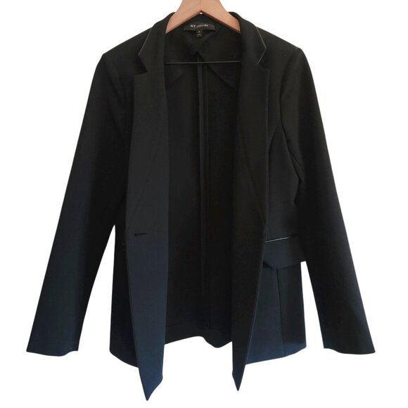 St. John Leather Trim Collared Black Blazer Single Breasted Blazer Sz. 6 - Picture 7 of 15